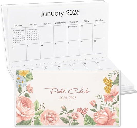 Pocket Calendar 2025-2027, Small Pocket Planner 2026 for Purse, Monthly Planner with Pvc Cover, Small Size (3.5" x 6"), From July 2025 - December 2027 - Pink Flower