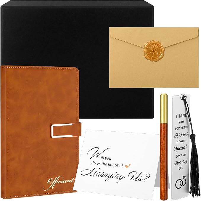 7 Pcs Officiant Gift Set Includes Leather Hardcover Proposal Officiant Book Black Ink Pen Thank You Card with Envelope and Sticker Bookmark Gift Box for Wedding(Brown)