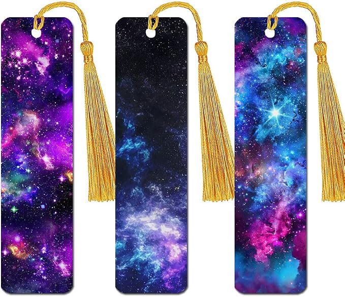 WIRESTER Set of 3 Metal Bookmarks with Light Gold Tassel for Students, Reader, Teachers, Book Lovers - Purple Nebula Galaxy, Galaxy Star Space, Celestial Blue Purple Galaxy