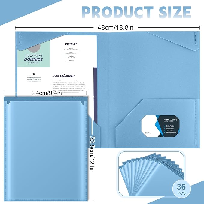 Henoyso 36 Pack Dusty Blue Plastic Folders with Clear Front Pockets Heavy Duty File Folders with 2 Pockets and Card Slot for Student Communication School Office Presentation Report