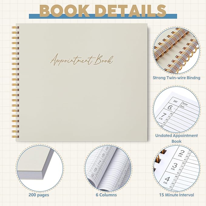 Maitys 2026-2027 Large 6 Column Salon Appointment Book for Hairstylist Spa Business, Hourly Planner 15 Minute Interval, 200 Pages Undated 6 Am 9 Pm Spiral Bound Checklist Planner(Beige, Minimalist)