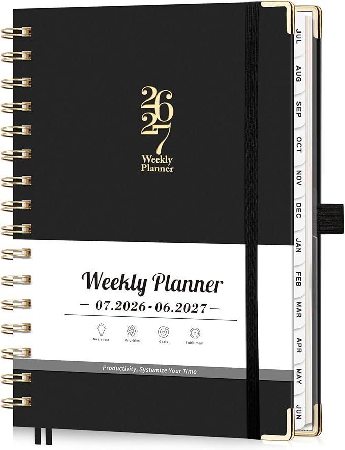 Academic Planner 2026-2027, Weekly and Monthly, A5 Size (5.7" x 8.3"), July 2026 - June 2027, To-do List for Tracking, for School, Home, Office, Hardcover, 12-Month Tabs (Black)