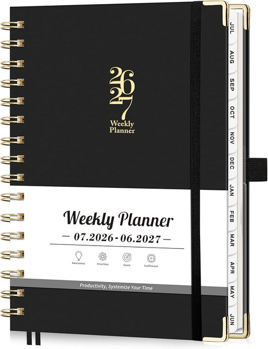 Academic Planner 2026-2027, Weekly and Monthly, A5 Size (5.7" x 8.3"), July 2026 - June 2027, Agenda 2026-2027 for Tracking, for School, Home, Office, Hardcover, 12-Month Tabs (Black)