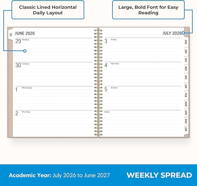 Blue Sky 2026-2027 Large Print Weekly and Monthly Academic Year Planner Calendar, July 2026 - June 2027, 8.5" x 11", Flexible Cover, Wirebound, Storage Pocket, Laminated Tabs, Sand