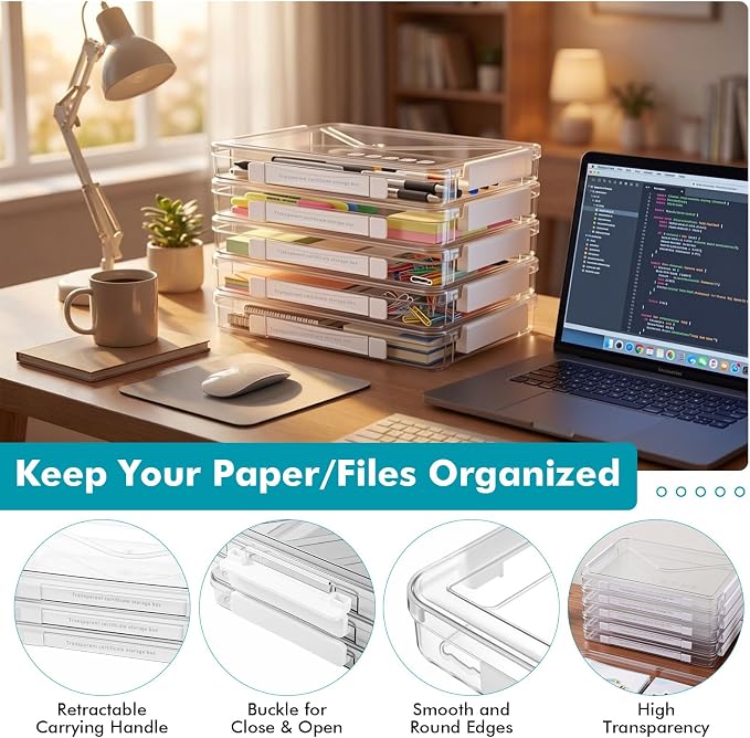 Novabright 5 Pack Clear Plastic File Boxes with Handle Portable Project Case Paper Storage Bin with Lid Transparent Stackable Container Document Magazine Protector for A4 Paper Photo Craft Scrapbook