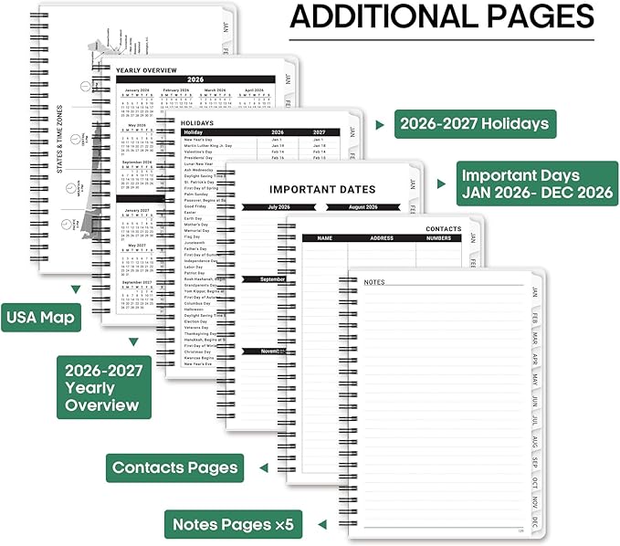 2026 Planner, Weekly and Monthly Calendar Planner Book, January 2026 - December 2026, Hardcover Spiral Planner with Monthly Tabs, Notes Pages, Perfect for Women & Men, A5 (6.4" x 8.5") - Leaf