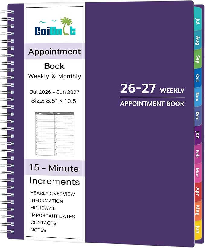 Appointment Book 2026-2027 - Appointment Planner with Weekly ＆ Monthly Spread, Jul 2026 - Jun 2027, 8.5’’ x 10.5’’, Large, 15 Minute Increments, 2026-2027 Daily Planner with Pockets, Tabs, thick paper