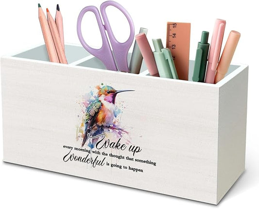 DILSJ Hummingbird Inspirational Pen Pencil Holder Organizer for Desk, Inspirational Gifts for Women, Motivational Quotes Wooden Box Signs for Home Office Desk Tabletop Decoration， Supplies