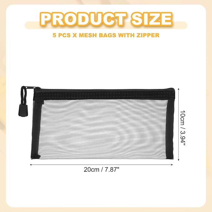 PATIKIL A6 Mesh Zipper Pouch Bags, 5 PCS Mesh Bags with Zipper Plastic Storage Pocket for Organizing File Beads Office Home Supplies, 10x20cm, Black
