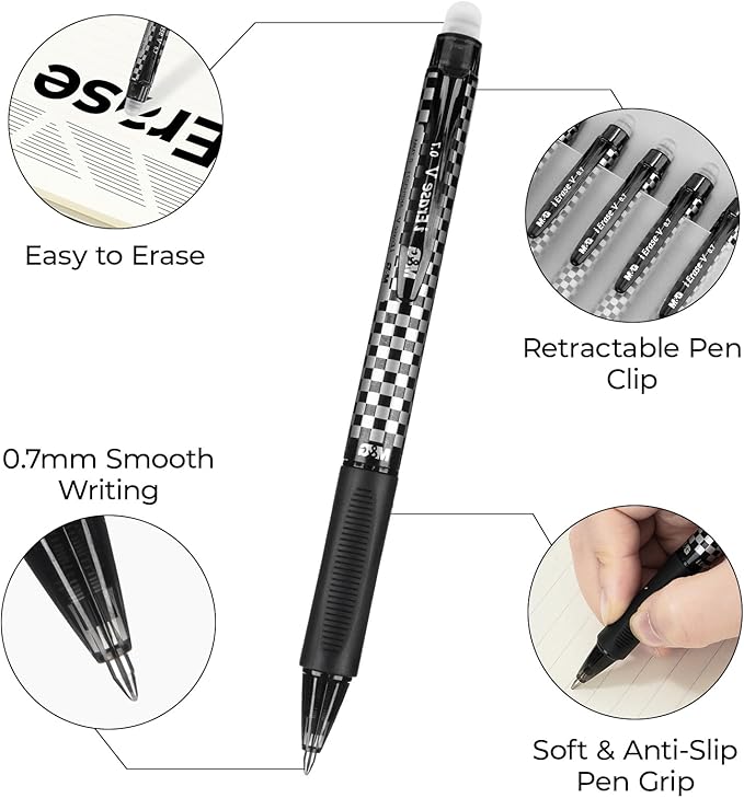 M&G Erasable Pens, 6 Pcs Medium Point 0.7mm Black Ink Eraserable Gel Pens for School, Journaling, & Office Writing Crossword Puzzles