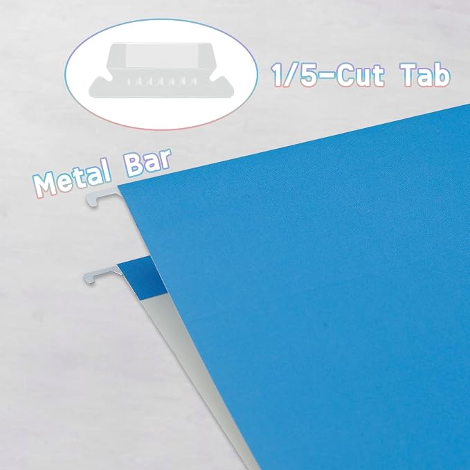 Blue Hanging File Folders,50 Packs Reinforced Hanging Folders,Designed for Bulky Files,Filing Cabinet,1/5 Adjustable Tabs for Office,School,Home