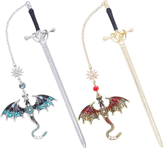Dragon Sword Bookmarks Gifts - 2 PCs Fantasy Metal Book Marks Blue Red Cool Page Makers Gifts for Reading Kids Boys Men Women Novel Fans Lovers Students Teachers School Office Thanksgiving