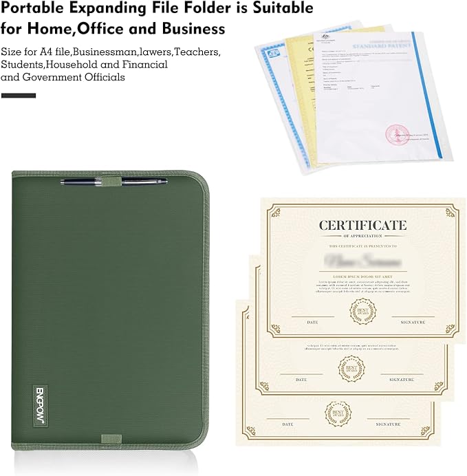 ENGPOW 13 Pocket Expanding File Folder,Fireproof Accordion File Folder Document Organizer with Zipper Closure,Document Folder Safe with Colorful Tabs,A4 Letter Size for Travel,Home,Office,Green