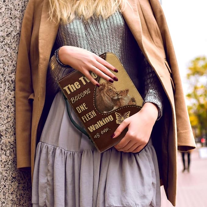 Religious Style Cross and Lion Bible Case with Bookmark Waterproof Bible Cover Case for Women Lightweight Bible Bag with Handle Pockets Church Book Bag Brown