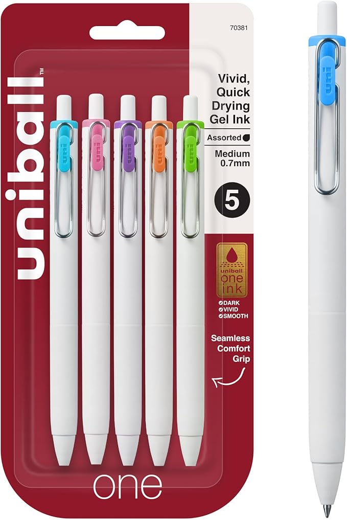 uniball one Retractable Gel Pens, Medium Point (0.7mm), Assorted Ink, 5 Pack