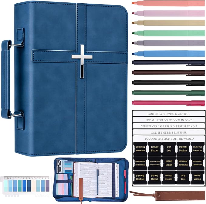 XKDOUS Bible Cover Case Leather Book Carrying Case Large Bible Bag Organizer with Cross, Handle, Pens, Tabs, Study Supplies Journaling Kit Father Day Christian Gifts for Dad, Mom, Men, Women