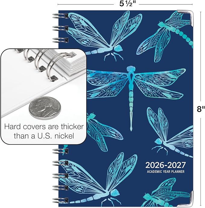 HARDCOVER Academic Year 2026-2027 Planner: 14 Months (May 2026 Through June 2027) 5.5"x 8" Daily Weekly Monthly Planner Yearly Agenda. Bookmark, Pocket Folder and Sticky Note Set (Dragonflies)