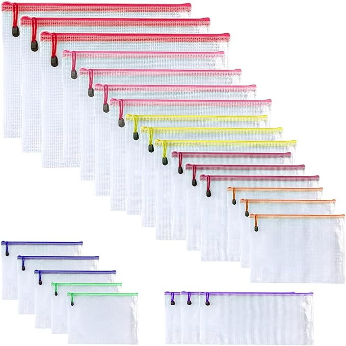 Oaimyy-Mesh Zipper Pouch Bags, 8 Sizes 8 Color Plastic Clear File Pouches for Organization, Zipper Pouches for Office Home Supplies Board Game Storage (Multicolor-24 pcs)
