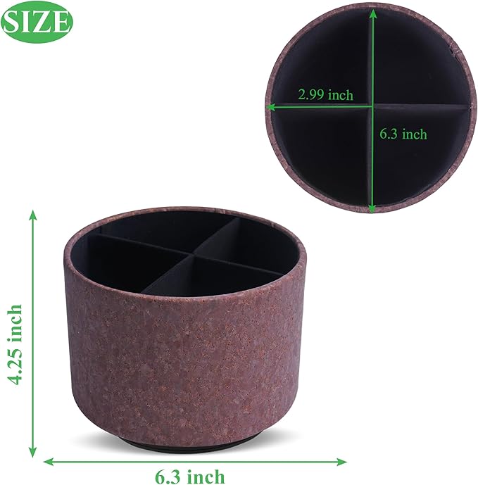 Round Leather Art Supply Organizer,Remote Control Holder,360 Degree Spinning,Multi-Functional Pencil Holder,4 Compartments Desktop Stationary Organizer(1-Soft Dark Brown2)
