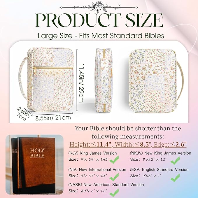 Bible Cover Case for Women Girls: Christian Mothers Day Gifts for Mom Large Quilted Bible Bag with Multi Pockets 26Pcs Study Supplies Journaling Kit, Floral Print Durable Book Carrying Organizer