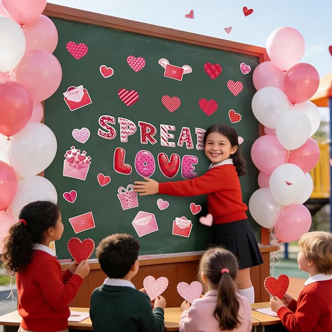 86Pcs Valentine's Day Bulletin Board Decoration Set Heart Paper Cutouts Spread Love God Valentine Day Decorations for Classroom Pink Red Heart Church School Home Chalkboard Wall Door Party Decor