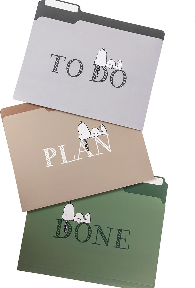 Snoopy File Folders Pack by Graphique, Set of 9 (3 Designs), Letter Size Organizers, Decorative Office Supplies, 1/3-Cut Tabs