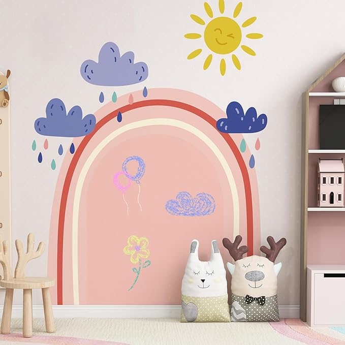 Magnetic Chalkboard Wall Peel and Stick Exclusive Rainbow and Cloud Wallpaper 54" Wx70 H Roll Magnetic Arch Chalkboard for Wall Self Adhesive Wall Sticker for Office School Playroom Bedroom, Pink