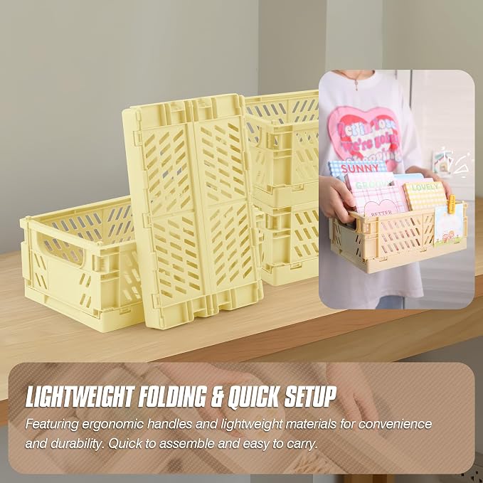 4 Pcs Collapsible Storage Crates, 10x5.9x4 inches Space-Saving Folding Containers, Stackable Plastic Boxes for Home Kitchen Office Bedroom Bathroom, Beige