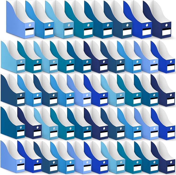 Jutom 48 Sets Magazine File Holders Foldable Cardboard Magazine Holder with White Label Stickers Desktop File Storage Box for Office Home Classroom Desk Document Organization(Blue)