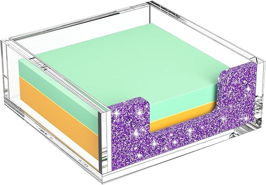 Acrylic Notepad Dispenser Organizer - 3 x 3 in Clear and Glitter Purple Sticky Note Holder W/O Pads Memo Holder for Dorm Room School Classroom Office Desk Organizer Aesthetic Supplies