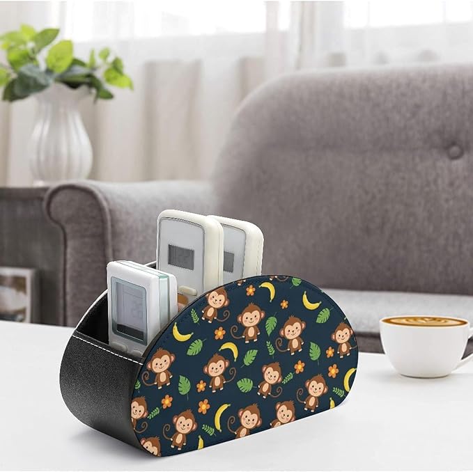 5-Compartment Remote Control Storage, PU Leather Caddy for Media Players, TV Remotes, and Desk Accessories, Animal Print Monkey