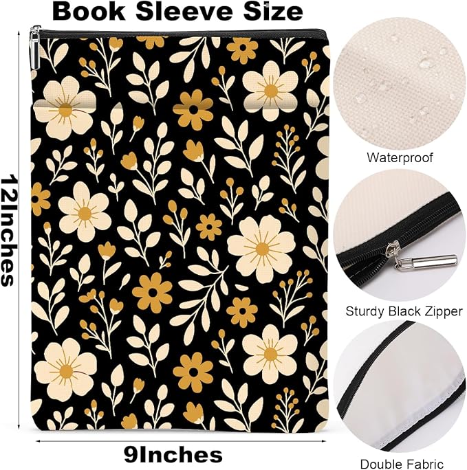 Book Sleeve Book Lovers Gifts Waterproof Books Pouch Protector Cover Reading Accessories Gifts for Women Girls Bookworm Sister Reader Librarian Birthday Anniversary Christmas, Aesthetic Floral