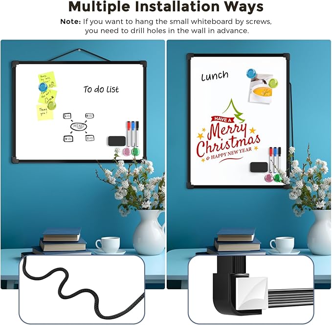 MaxGear Double-Sided Dry Erase Board for Wall, 16"x12" Hanging Whiteboard, Small Dry Erase White Board kit, Portable for Planning, Drawing, Memo, to Do List, Black Frame