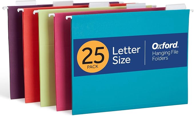 Oxford Hanging File Folders, 25 Pack, Letter Size (8.5" x 11"), 5 Bright Colors, 5 Tab Positions, Includes Tabs and Inserts, Hanging Files for Office and Document Organization
