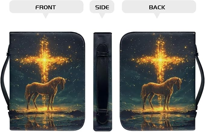 Bible Covers for Women Horse Gold Cross PU Leather Bible Case with Handle Waterproof Bible Protector Lightweight Bible Tote Bag for Man