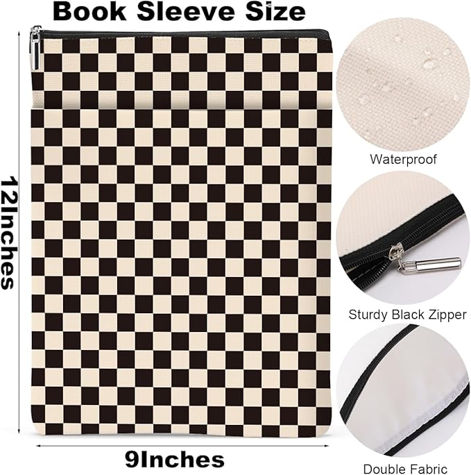 Black Plaid Book Lovers Gifts Book Sleeve Vintage Checkered Waterproof Book Cover Book Pouch Book Protector with Front Pocket Book Club Christmas Birthday Gifts for Women Girl Reader Book Accessories