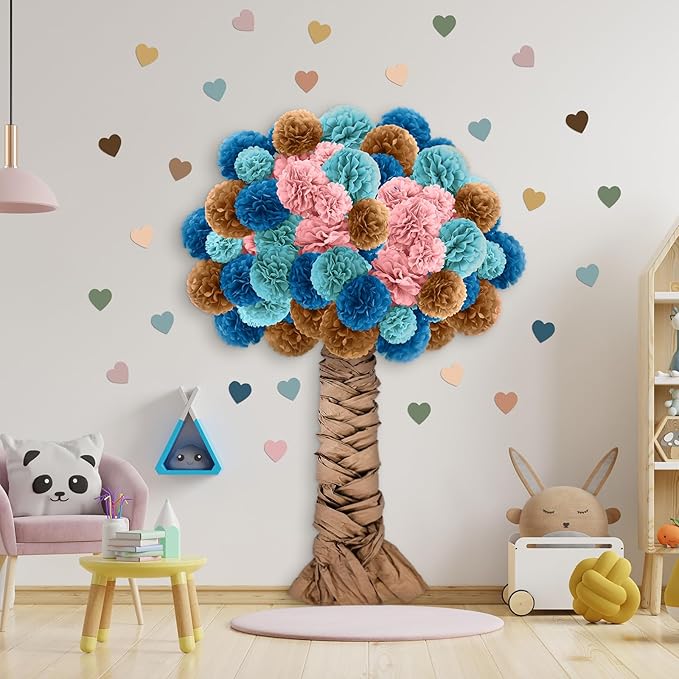 Mooliwe Classroom Tree Bulletin Board Set DIY 3D Cardboard Tree with Paper Pom Poms Kraft Craft Bulletin Board Wall 3D Decorations for School Elementary Teacher Chalkboard(Boho Color,6, 8, 10 Inch)
