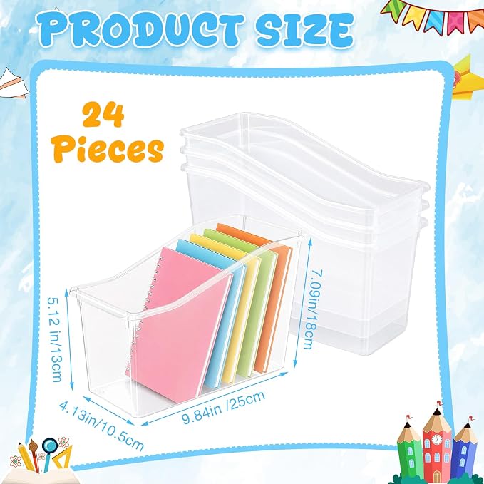 Fuutreo 12 Pcs Pieces Book Bins for Classroom Plastic Binder Holder Magazine Stuff Folder File Organizer Box for Home Office School Supplies (Clear)