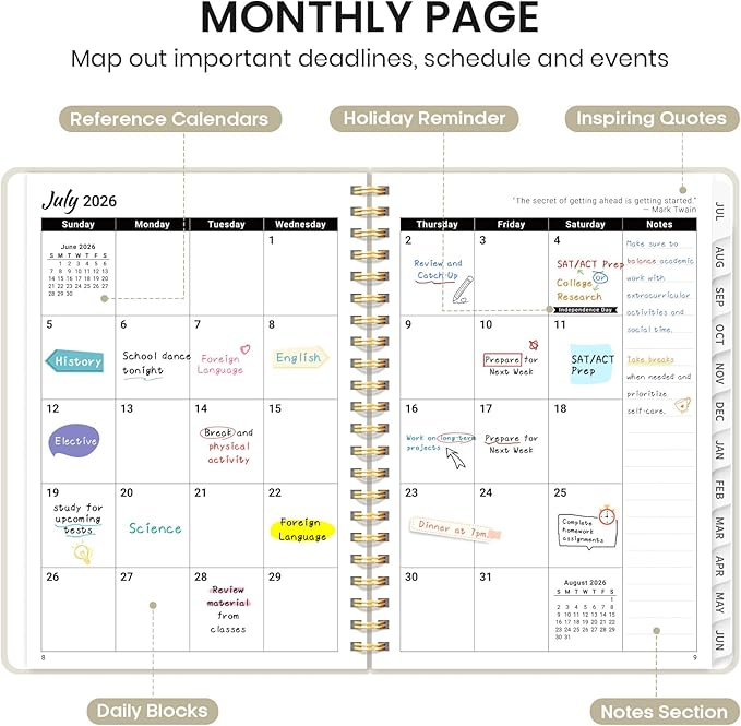 Planner 2026-2027 for Women & Men, Academic Monthly and Weekly Calendar Planner, Jul 2026 - Jun 2027, A4 (8.5" x 11"), Teacher Student Planning Book with Tabs, Ideal for Office School Supplies - Beige