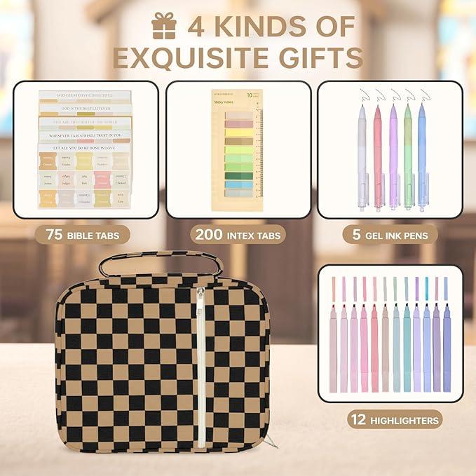 Bible Cover Case for Women Corduroy Bible Case for Girls Large Bible Cover with Handle Bible Study Supplies Accessories Christian Gifts for Women (Black Brown-Checkered, Medium)