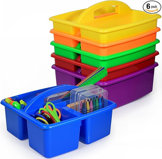 6 Pack Classroom Caddy with Handle Plastic Storage Caddy Organizer with 3 Compartments for Pencil, Crayon, Marker, School Supplies (6, Colorful)