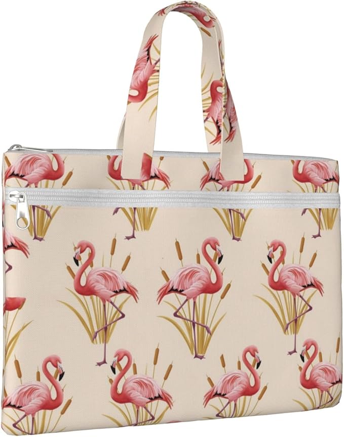 Waterproof Canvas Zipper File Bag with Handle, Pink Flamingo Style Portable Document Organizer for Office Travel Business Briefcase