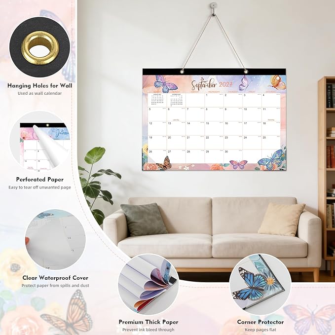 Tcamp Desk Calendar 2026-2027, Large Desktop/Wall Monthly Calendar (Jul. 2026 - Dec. 2027) 17'' x 12'' School Year Wall Desk Planner for Teacher Family School Office Supplies (Butterflies)