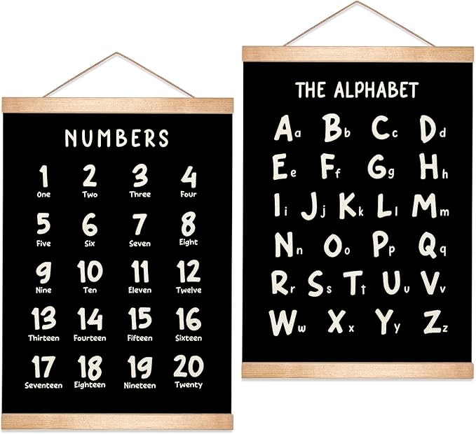 Alphabet and Numbers Educational Chart Set of 2 for Classroom Decor,Colorful Educational Poster for Toddlers 1-3,Toddler Learning Poster for Ages 3-5 for Nursery Playroom,Classroom Must Haves (Black)