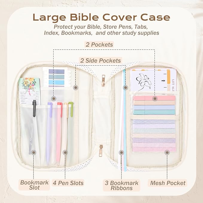 XKDOUS 30 Pcs Bible Cover for Women Quilted Bible Bag w/Handle, Tabs, Study Supplies Bible Journaling Kit Portable Book Carrying Case Christian Gifts for Mother Lady