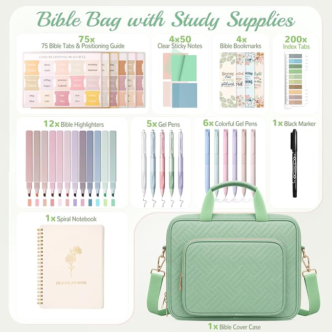 XKDOUS Bible Cover Case for Women, Quilted Large Bible Bag with Shoulder Strap, Bible Study Supplies with Highlighters, Tabs & Journaling Kit, Christian Gifts for Mom & Women (Light Green)
