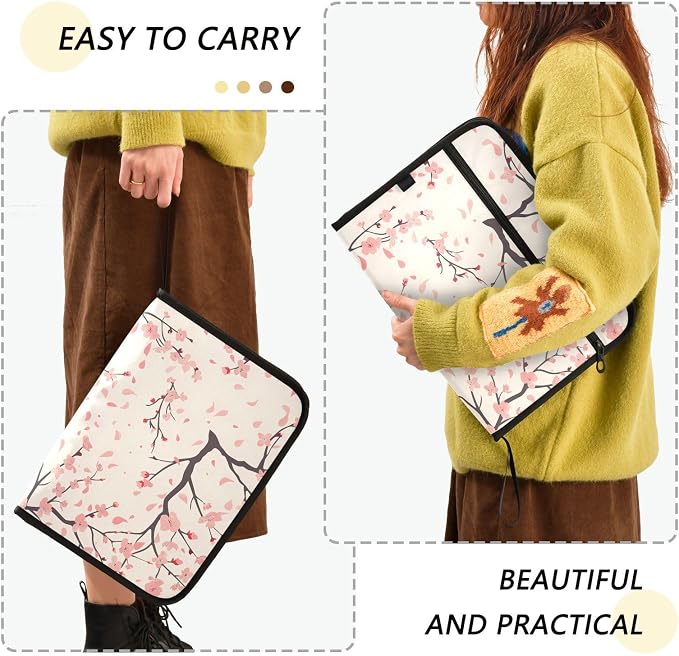 Expanding File Folder Cherry Blossom Flower Pattern Accordion File Organizer 13 Pockets Document Organizer with Zipper Labels A4 Letter Office Storage