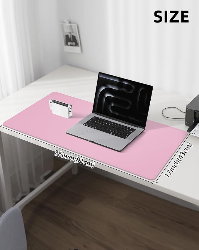 AFIING Leather Desk Pad Protector, Large Mouse Pad, Non-Slip Waterproof PU Leather Desk Mat, Desk Blotter Cover for Office and Home (Pink, 36" x 17")