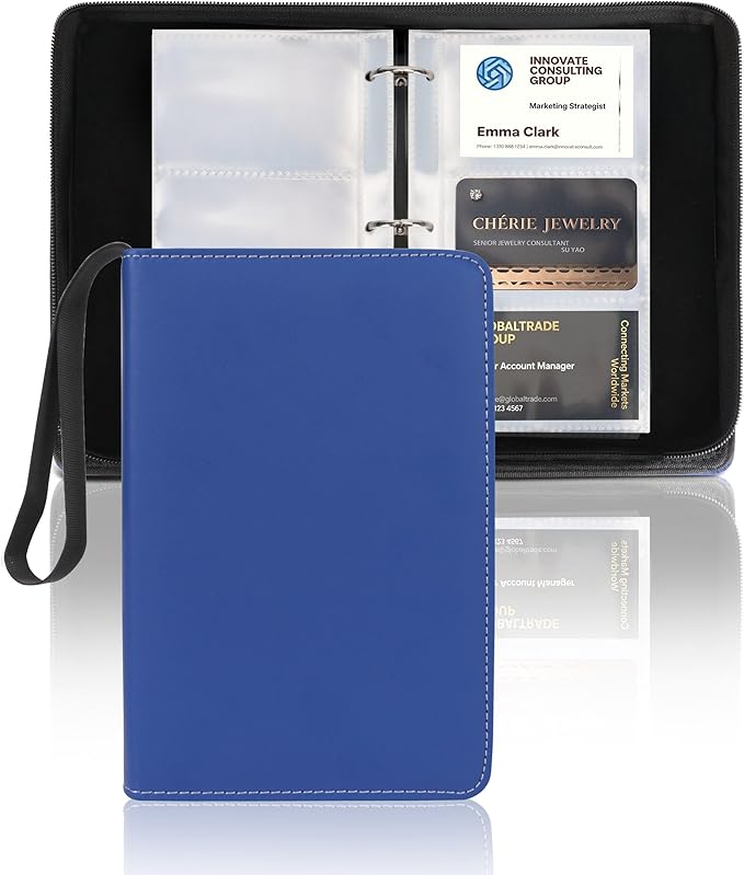 Leather Business Card Book Holder Organizer, Professional Name Card Book Holder with 300 Card Capacity, Portable PU Credit Card Binder File Sleeve Storage for Men Women,50 Pack Sleeves Zipper Closure