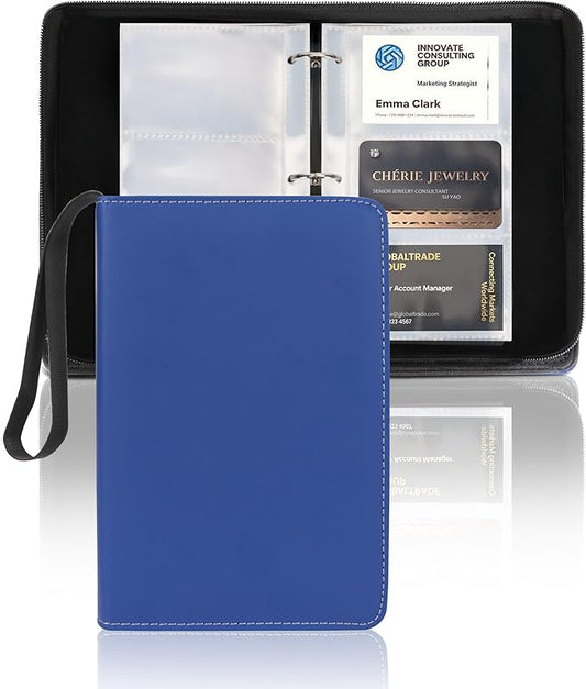 Leather Business Card Book Holder Organizer, Professional Name Card Book Holder with 300 Card Capacity, Portable PU Credit Card Binder File Sleeve Storage for Men Women,50 Pack Sleeves Zipper Closure